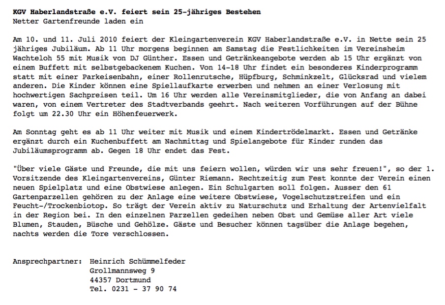 Presseinformation zum Jubiläum 25 Jahre KGV Haberlandstraße
